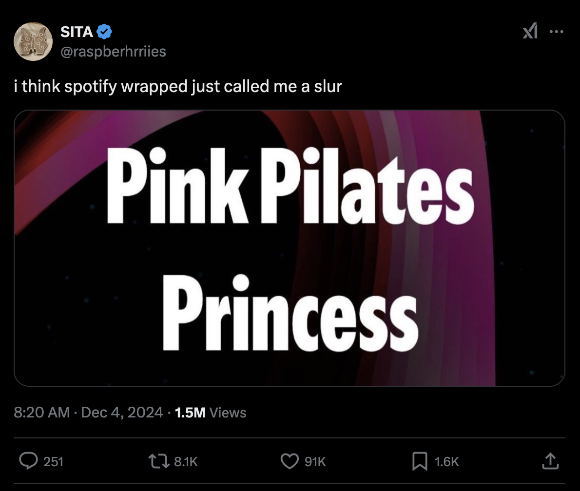 Sita tweet with screenshot of Wrapped that says 'Pink Pilates Princess'. Tweet says 'i think spotify wrapped just called me a slur'.